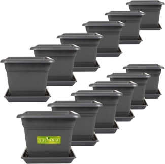 SUSTANIA Blumentopf Pflanzkübel mit Untersetzern (12er Set 28 x 28 x 22 cm), Anthrazit Pflanztopf eckig