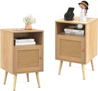 FANTASK 2er Set Nachttisch mit offenem Regal & Tür, 2-TLG Beistelltisch aus Rattan, Nachtschrank Landhausstil für Schlafzimmer und Wohnzimmer, 40 x 39 x 70 cm (Natur)
