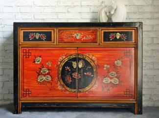 Vintage Kommode Orange Schwarz chinesisch Schrank Sideboard Kolonial-Stil Antik-Stil Lowboard asiatisch orientalisch Fernost shabby-chic Landhaus