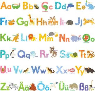 DECOWALL DS-1808DE Alfabeto tedesco animale dell'acquerello Adesivi da Parete Decorazioni Stickers Murali Soggiorno Asilo Nido Camera Letto per Bambini decalcomanie