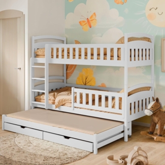 Kids Collective Hochbett mit Ausziehbett, zwei Schubladen, Lattenrost & Rausfallschutz, umbaubar in drei Einzelbetten, Kieferholz weiß, 90x200 cm