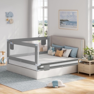 WOLTU Bettschutzgitter, Bettgitter Rausfallschutz 200 cm x 2 + 180 cm x 1, Einziehbare Kinderbettgitter mit Luftiges Netz, Boxspringbett höhenverstellbar 69-87 cm, Dunkelgrau