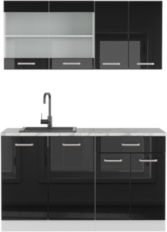Vicco Mini-Küche Schwarz Hochglanz 140 cm , AP Marmor, R-Line