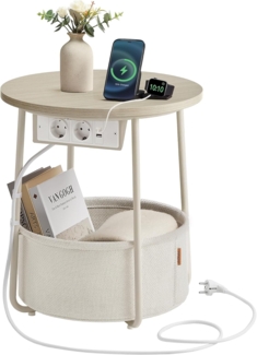 VASAGLE Beistelltisch rund, Kleiner Tisch, Couchtisch mit Steckdose, Wohnzimmertisch, Korb aus Stoff, Stauraum für Wohnzimmer Schlafzimmer, Nachttisch modern, naturbeige-cremeweiß LET228LL01