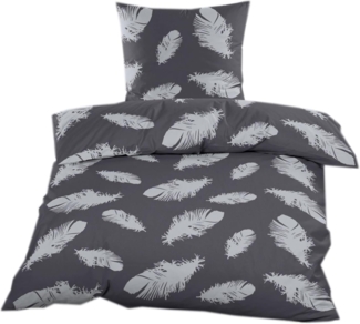 Casa Colori Bettwäsche Biber 135x200 cm mit Reißverschluss aus Baumwolle, Biber, 2 teilig, Anthrazit mit grauen Federn