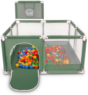 Selonis Laufstall Mit Korb Und 900 Bälle Laufgitter Für Kinder, Grün:Gelb/Grün/Blau/Rot/Orange