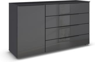 Rauch Möbel Monostar, Kommode, Kommode Schlafzimmer, Kommode, Schubladenkommode, 1-türig, Anschlag links, 1 Glastüre, 4 Schubkästen, mit Glasfront, Farbe Glas basalt/Grau metallic, 140x81x42cm