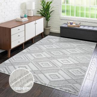 carpet city Teppich Kurzflor Wohnzimmer - Grau, Beige - 140x200 cm - Teppiche Fransen Boho-Style - Rauten-Muster - Schlafzimmer, Esszimmer