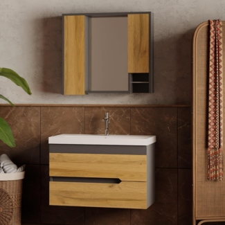 Karen Badmöbel-Set Badmöbel Set Marmara Anthrazit 85, (Komplett-Set, 3-Teilig (Unterschrank, Spiegelschrank, Waschbecken), 3-St, Unterschrank mit Schubladen, Spiegel mit Regalen, Keramikwaschbecken), Innovatives Design, MDF Lam, Softclose, Funktionalität