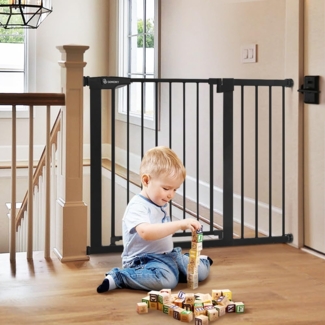 COMOMY 75-110cm Treppenschutzgitter Ohne Bohren, Türschutzgitter Auto Close, Türgitter für Baby, Kinder, Hund und Katze, Absperrgitter 90° Stop/ inkl. 3 Verlängerung (76cm Hoch, Schwarz)