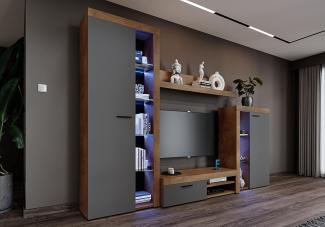 FURNIX Wohnwand Riva Mediawand Modern Grau Wohnzimmer 4-TLG Komplett-Set - TV Lowboard, Highboard Vitrine, Wandregal - Modern Freistehend - B 270 x H 190 x T 40,2 cm, Farbe Lefkas Eiche/Graphit