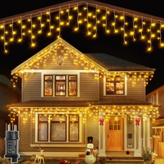 Ollny Eisregen Lichterkette außen warmweiß, 3. 6M 108 LED Eisregen Lichterkette außen mit Stecker, wasserdicht Weihnachtsbeleuchtung außen für Balkon Haus Fenster Traufe Vorbau Geländer
