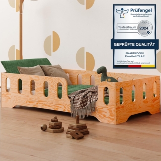 smartwood Kinderbett Bodenbett 70x160 mit Rausfallschutz & Lattenrost - Lackiert - Kinder Montessori Bett TILA 2P mit glatten Kanten - Betten für schnelle Montage - Bis 230 kg belastbar