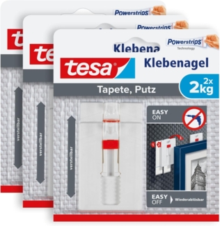tesa Klebehaken Klebenagel mit max. 2 kg Haltekraft für Bilder - verstellbar, Dekoration, Bilder, Leinwände, (Spar-Set, 6-St, inkl. Powerstrips), Klebenagel - POWERSTRIPS Doppelseitig - Tapete & Putz - 3 x 2er Pack