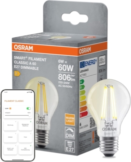 Osram SMART+ LED-Lampe, A60, 6W, 2700K, E27, Kolbenform, Filament, klar, dimmbar, steuerbar mit App oder Sprachassistent, Matter kompatibel