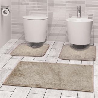 Comart, Ocean Badteppich-Set, 3-teilig, rutschfest, für Dusche und Badewanne, WC-Vorleger, maschinenwaschbar, schnelltrocknend, modernes Design, Beige