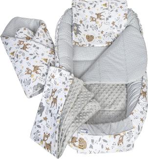 Medi Partners 5 teilig Babynestchen Set Babynest 100 x 60 x 15 herausnehmbarer Einsatz Bett Kuschelnest Krabbeldecke Babys Neugeborene 100% Baumwolle (REH mit Grauem Minky)