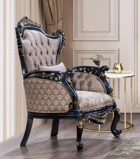 Casa Padrino Luxus Barock Sessel Grau / Blau / Gold - Prunkvoller Wohnzimmer Sessel mit elegantem Muster - Luxus Wohnzimmer Möbel im Barockstil - Barock Möbel - Barock Einrichtung