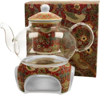 DUO ART GALLERY Teekanne 1000 ml STRAWBERRY THIEF RED mit Stövchen, Glas - New Bone China Porzellan