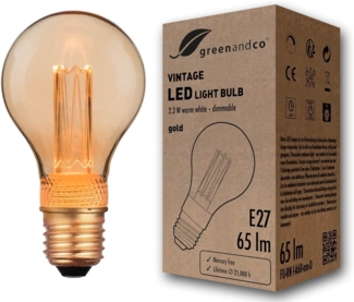 greenandco dimmbare Vintage Design LED Birne zur Stimmungsbeleuchtung | E27 A60 | gold | 2,3W 65lm | 1800K extra warmweiß | 320° | 230V | flimmerfrei | Edison Glühbirne