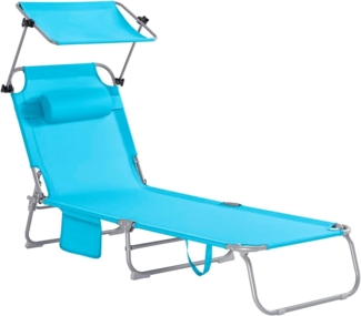 SoBuy OGS48-B Sonnenliege mit abnehmbarem Kopfkissen und verstellbarem Sonnendach Gartenliege mit Seitentasche Strandliege Relaxstuhl Liegestuhl klappbar Blau bis 150 kg belastbar