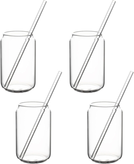 Hanseküche Gläser-Set Trinkgläser Set, Borosilikatglas, mit Glasstrohhalm - Perfekt für Eiskaffee, Wasser und Cocktails