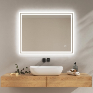 EMKE Badezimmerspiegel mit Beleuchtung, 90x70 cm, beschlagfrei, Touch-Schalter, Badezimmerspiegel, kaltweiß, dimmbar, Memory-Funktion, automatische Abschaltung nach 3 Stunden, LED-Spiegel