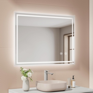 EMKE Badezimmerspiegel mit Beleuchtung, 90x70 cm, beschlagfrei, Touch-Schalter, Badezimmerspiegel, kaltweiß, dimmbar, Memory-Funktion, automatische Abschaltung nach 3 Stunden, LED-Spiegel