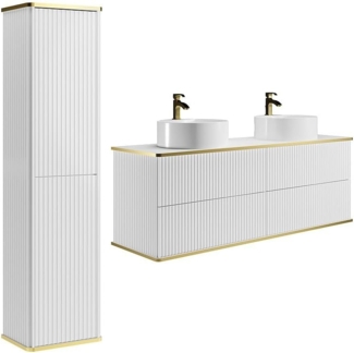 Vente-unique - Waschbeckenunterschrank hängend mit rundem Aufsatzwaschbecken und Säule - Streifenoptik - Weiß - 150 cm - KELIZA