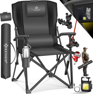 KESSER® Campingstuhl faltbar bis 160 kg | Angelstuhl Faltstuhl Klappstuhl Gepolstert mit Armlehnen | Campinglicht und Getränkehalter + Tasche mit hoher Rückenlehne | Strandstuhl mit Angelhalterung Anthrazit / Schwarz