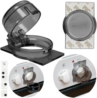 Herdknopf Kindersicherung, 1 Pack, Montage ohne Knopf Demontage, für max. Ø 4,9 cm und 4 cm hohe Herdknöpfe Schutz mit min. 6,1 cm Abstand Mitte-Mitte, Transparent-Schwarz, Herdschutz Baby Sicherung