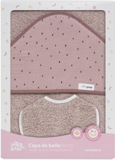 Baby BadePoncho 1x1 m · Bademantel Kapuzenbademantel MUSSELIN "Puntos rosé" für Neugeborene · 100% Baumwolle & Runder Lätzchen 20x20 cm · INTERBABY