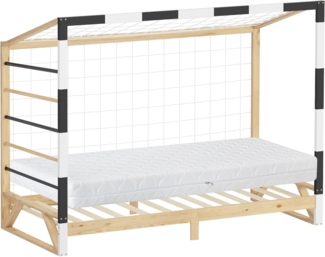 ML-DESIGN Spielbett Kinderbett Fußballtor Holzbett mit Lattenrost Kletterleiter & Netz, Abenteuerbett 90x200 cm Natur für Kinder aus Kiefernholz mit Matratze
