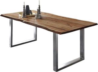 SAM Esszimmertisch 120x80 cm ULM, Baumkantentisch naturfarben, Akazienholz massiv, U-Gestell Edelstahl gebürstet