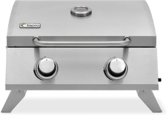 tepro Tischgasgrill Chicago, 2 Brenner mit je ca. 3 kW Leistung, Piezozündung, Thermometer, Maße ca. 54 x 45,5 x 36 cm, Silber