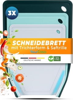 YourCasa Schneidebrett 3er Set - Trichterform & Saftrille - Rutschfest Spülmaschinenfest, (Set, 3 Schneidebretter, 25x34 cm, 22x29 cm, 20x25 cm), Saftrille, BPA frei, Trichterform