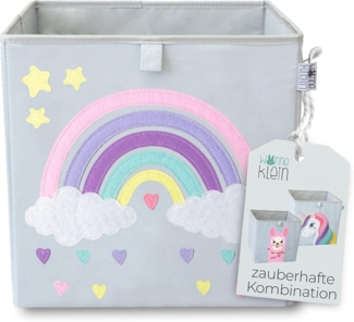 wonneklein Aufbewahrungsbox Kinder grau I extra stabile Spielzeugkiste für Kinderzimmer I graue Ordnungsbox (33 x 33 x 33 cm) mit Regenbogen