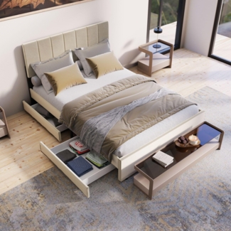 Juskys Samt Polsterbett Soria 140x200 cm mit Lattenrost & Schubladen - modernes Bett - Kopfteil höhenverstellbar - Jugendbett - Doppelbett Beige