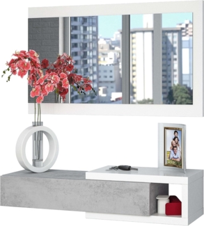 Flur mit Schublade und Spiegel, Eingangsmöbel, Modell Noon, Ausführung in Artik Weiß und Zement, Maße: 95 cm (Breite) x 19 cm (Höhe) x 26 cm (Tiefe)