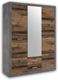 Stella Trading Stone Eleganter Kleiderschrank mit viel Stauraum und Spiegeltür - Vielseitiger Drehtürenschrank in Old Style Optik und Betonoxid - 151 x 198 x 55 cm (B/H/T)