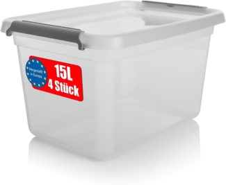 BigDean 4 Stück 15 L Aufbewahrungsbox mit Deckel transparent BPA- frei & lebensmittelecht – stapelbare robuste Aufbewahrungsbox – Aufbewahrungsboxen mit Klickverschluss