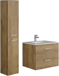 Vente-unique - Waschbeckenunterschrank hängend mit Einzelwaschbecken + vertikalem Schrank - Helles Holz - 60 cm - KAYLA