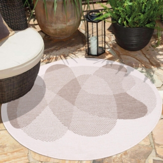 carpet city In- & Outdoor-Teppich Beige, Creme - Wendeteppich - 160 cm Rund - Abstraktes Geo-Muster - Wetterbeständig für Balkon, Terrasse - Teppiche Modern Indoor Wohnzimmer, Küche