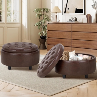 COLAMY Hocker mit Stauraum 2er Set, Modernes Kunstleder Sitzhocker mit Stauraum, Gepolstert Rund Fußhocker Aufbewahrung mit Holzbeinen für Wohnzimmer Schminktisch Schlafzimmer Schlafzi, Braun