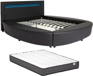 Vente-unique - Bett 180 x 200 cm - Mit LED-Beleuchtung - Kunstleder - Schwarz + Matratze - ABULIS III