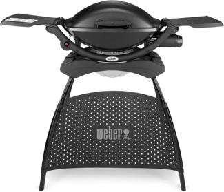 Weber Q2000 Gasgrill mit Stand + Seitentischen, 54x39 cm Grillfäche, portable, 1 Brenner, 2-geteilter porzellanemaillierter Guss-Grillrost, Aluminiumguss Deckel & Gehäuse - Schwarz (53010379)