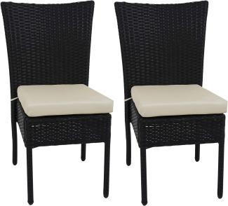 2er-Set Poly-Rattan Stuhl HWC-G19, Balkonstuhl Gartenstuhl, stapelbar ~ schwarz, Kissen creme