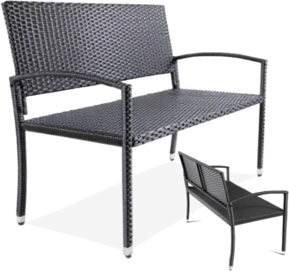 Clevich Gartenbank Rattan Wetterfest, 2 Sitzer Sitzbank, Terrassenbank mit Armlehnen, 320 kg Belastbar Balkon Bank, 122 x 60 x 85 cm Gartenmöbel für 2-3 Personen, für Innen- und Außenbereich, Schwarz