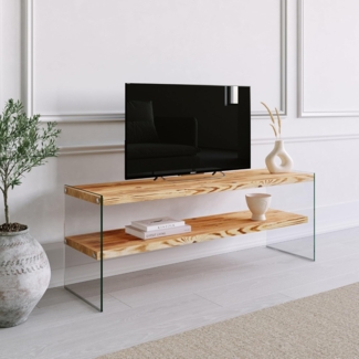 Hanah Home Modern Oak TV Stand, 120 cm | 100% Pine Solid Wood & Tempered Glass, 8 mm Thick | Wall-Mountable, Multiple Shelves, Max 20 kg Each | Stylish & Functional