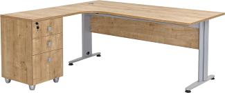 Furni24 Schreibtisch Winkelschreibtisch, Eckschreibtisch, Moderner Bürotisch Computertisch mit großer Arbeitsfläche, Bürotisch, PC Tisch, Dona Eiche 180x120x74cm inkl. Beistellcontainer Links gewinkelt